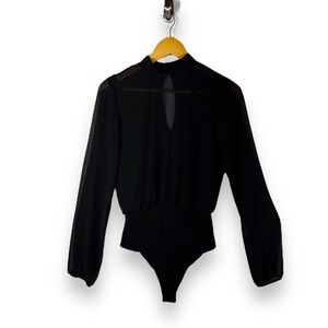 Lulu's Mock Keyhole Neck Sheer Overlay Long Sleeve Bodysuit, Black, Size Small